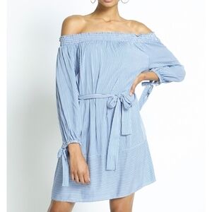 Rayon STRIPE OFF SHOULDER TIE WAIST DRESS Sans Souci blue white lightweight NWT!